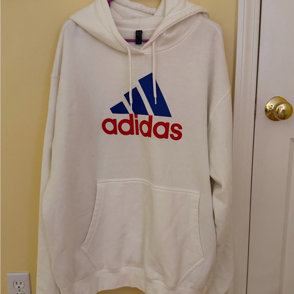 Adidas Men's White Hoodie with Blue and Red Logo